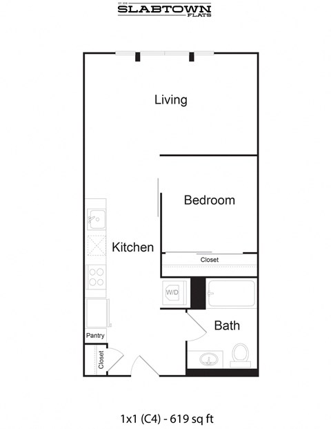 Floor plan for 1 bed, 1 bath, 619 sqft